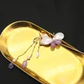 Elegant butterfly hair stick with natural shell wings and purple crystal tassels - Butterfly Set Hair Stick Style