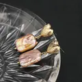 Elegant gold heart stud earrings with iridescent square baroque pearl drops - Purple Heart Studs
