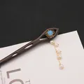 Vintage sandalwood hairpin with natural pearl tassel and blue bead for Hanfu style - Aquamarine Pearl Tassel