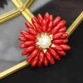 Elegant red flower-shaped brooch with a natural pearl center and red coral-like beads - Sunflower Coral Flower Brooch