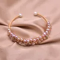 Handmade pink freshwater pearl wire-wrapped elastic bracelet in gold finish - Hand-Wrapped Pearl Bangle / Purple