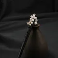 Vintage ebony wood hair stick featuring natural pearl flowers and butterfly design - Flower Butterfly Ebony Pearl Hairpin