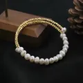 Natural freshwater pearl and gold textured bead elastic bangle bracelet for women - One and a Half Wrap Pearl Bangle