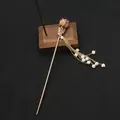 Handmade vintage gold hair stick with pearl tassels and pink flower bud for Hanfu - Rose Red Rose Style