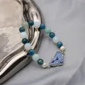 Natural pearl bracelet with blue geode slice and mixed blue beads on silver tray - Irregular Purple Druzy Elastic Bracelet / Purple