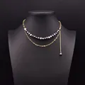 Double-layered gold chain necklace with dark natural pearls and a lariat pearl drop - Black Natural Pearl Double Layer Necklace (ALGN0276)