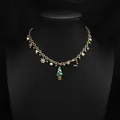 Elegant gold natural pearl necklace with festive Christmas tree and reindeer charms - Necklace / Green Christmas Tree Necklace