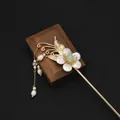 Elegant handmade ancient style hair stick with pearls and green stone on wooden display block - Green Flower Heart Tassel Hair Stick