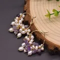 Elegant baroque gold hoop earrings with white freshwater pearls and purple gemstones - Amethyst Set Hoops