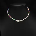 Colorful handmade beaded necklace with natural pearls displayed on black mannequin - Polymer Clay Baroque Natural Pearl Set Necklace (ALGN0276)