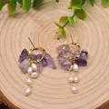 Exquisite natural freshwater pearl and purple stone drop earrings with golden hoops - Amethyst
