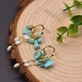 Elegant baroque freshwater pearl earrings with turquoise stones in gold plated finish - Turquoise