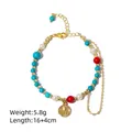 Ethnic handmade freshwater pearl and turquoise beaded bracelet with golden Fu pendant charm - Turquoise Pearl Fu Plaque Bracelet / Single Piece