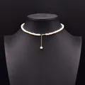Elegant natural white pearl choker necklace with a gold-tone extension and pearl pendant - Long Pendant Natural Pearl Necklace (ALGN0276)
