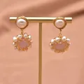 Eleganti orecchini pendenti con perle barocche fatte a mano, pietra rosa e argento 925 - Stile Girasole Quarzo Rosa