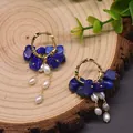 Handmade baroque freshwater pearl earrings with blue lapis lazuli stones on gold hoops - Lapis Lazuli