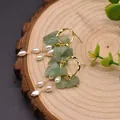 Exquisite handmade Baroque freshwater pearl and green stone chip gold hoop earrings - Green Aventurine