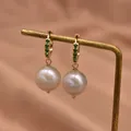 Baroque white pearl hoop earrings with emerald green stones and refined gold finish - Green Zirconia Large White Pearl Style / 12-13mm