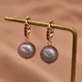 Elegant gold plated hoop earrings with pink gemstones and lavender baroque pearl drops - Red Zirconia Large Purple Pearl Style / 12-13mm