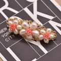 Vintage hair clip with natural pearls and pink roses on a gold filigree base - Pearl Coral Hair Clip