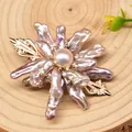 Macro detail of high-quality baroque pearl hair clip with elegant gold leaf accents - Pink Purple Flower Duckbill Hair Clip