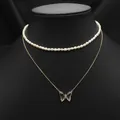 Elegant natural pearl and gold butterfly pendant layered necklace for women - Butterfly Pendant Double Layer Necklace