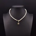 Elegant natural pearl necklace with golden lock pendant for women's jewelry - Zirconia Lock Pearl Pendant Necklace