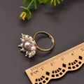Anello a fiore regolabile vintage con perle naturali e righello in legno per la misura - Stile Girasole Viola