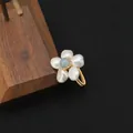 Elegant handmade natural pearl flower open ring with aquamarine center and gold wire wrap - Aquamarine Flower Wire Wrap (GR0319) / Adjustable Open