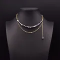 Vintage multi-layer necklace with natural purple freshwater pearls and heart-link gold chain - Black Pearl Double Layer Necklace
