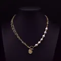 Elegant gold-tone chain necklace featuring natural pearls and vintage coin pendant - Asymmetric Double Layer Thick Chain Pearl Cross Pendant Necklace (ALGN0276)