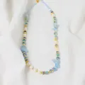 Handmade natural pearl and blue stone necklace with gold spacers on white fabric - Irregular Aquamarine Pearl Necklace (ALGN0276)