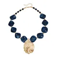Vintage style chunky blue resin bead necklace with a large gold embossed shell pendant. - 1# Blue