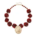 Vintage chunky red resin necklace with a large gold embossed metal oval pendant lens. - 3# Red