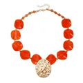 Retro chunky necklace with irregular orange resin beads and embossed gold metal pendant - 4# Orange