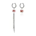 Asymmetric silver hoop earrings with red floral print ceramic bead and long tassel - Red Printed Tassel Style (ZW1301) / Red