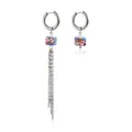 Asymmetric silver hoop earrings with floral ceramic beads and long chain tassel. - Blue Printed Tassel Style (ZW1301) / Blue