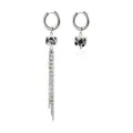 Asymmetrical hoop earrings with floral print ceramic cubes and long silver chain tassels. - Black Printed Tassel Style (ZW1301) / Black