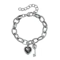 Pulsera de cadena plateada con cristal de corazón negro y colgante de llave para mujer - Pulsera Llave Corazón Empalmada (ZW1207)