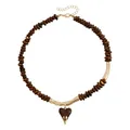 Maillard brown beaded necklace with a molten heart pendant in vintage gold finish - Lava Heart Necklace (ZW1275) / Coffee