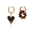 Asymmetrical gold hoop earrings featuring dark brown lava heart and metallic beads - Style 1 Single Heart Earrings (ZW1275) / Coffee