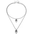 Collana doppia a sfere argentate con pendenti ovali incastonati di cristallo nero lucido - ZW402 Collana a Y Doppio Strato