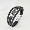 Detailed view of multilayer leather bracelet with retro pattern and magnetic clasp - Smooth Meander Bangle (S509-B) / Black