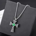 Vintage silver cross pendant necklace with green stone and box chain - Celtic Cross Necklace (L1157-A) with Perfume