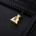 Detailed view of a golden money bag pendant with dollar sign on a black cord. - Leather Cord (L1137-A) / Gold