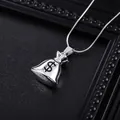 Detailed macro view of a silver money bag pendant with black dollar sign and snake chain - Snake Chain (L1137-D) / Silver