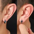 Close-up of trendy black four-pointed star earrings with blue enamel and black stone stud - Four-pointed Star Jewelry Set (X1290-A+X1289-A)