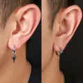 Stylish silver four-pointed star earrings for men featuring a central black gemstone - Four-pointed Star Jewelry Set (X1291-B+X1290-B)