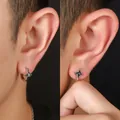 Pair of silver four-pointed star hoop and stud earrings for men with black center stone - Four-pointed Star Jewelry Set (X1290-B+X1289-B)