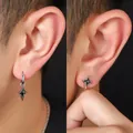 Cool silver four-pointed star earrings with black center stone in stud and dangle styles - Four-pointed Star Jewelry Set (X1291-B+X1289-B)
